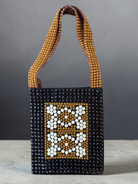 Roger Van S Handbags - Vintage 60s Roger Van S BOHO Black, Brown & Cream Beaded Tote Shoulder Bag